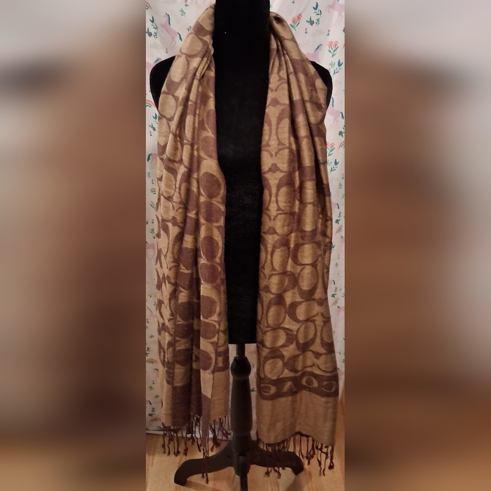 EUC Vintage Y2K Coach Brown & Tan Signature Reversible Merino Wool Scarf Wrap - Picture 4 of 10